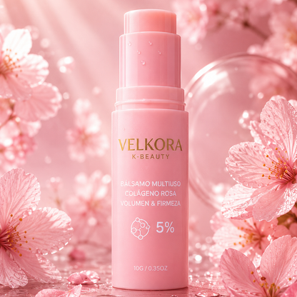 Velkora PDRN Pink Collagen Multi Balm 5%, stick de 10 g sobre fondo rosa con flores de cerezo