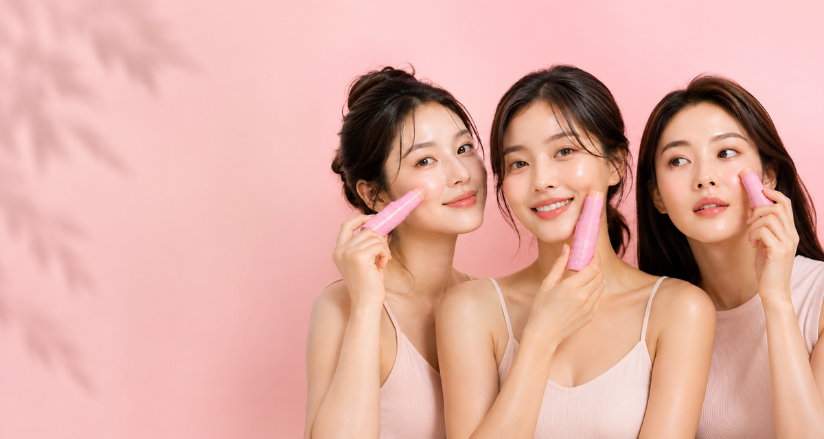 Tres mujeres aplicando Velkora PDRN Multi Balm en el pómulo, fondo rosa