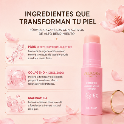 Ingredientes clave del Velkora PDRN Multi Balm: PDRN, colágeno rosa y niacinamida