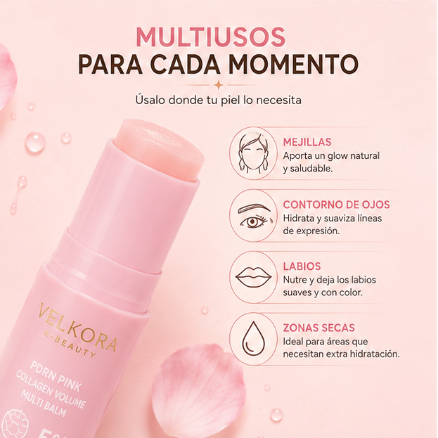 Zonas de uso del Velkora PDRN Multi Balm: contorno de ojos, mejillas, labios y cuello
