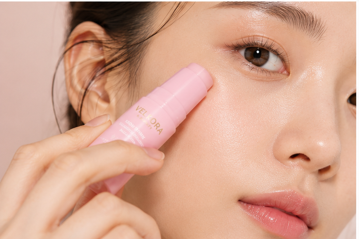 Aplicación del Velkora PDRN Multi Balm en el contorno de ojos, primer plano