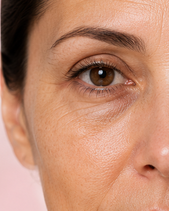Antes: contorno de ojos con líneas finas marcadas y piel apagada